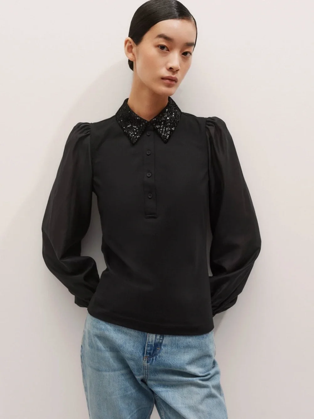 ME+EM Sequin Mixed Media Layering Shirt - Black Sz 12 - Picture 4 of 16
